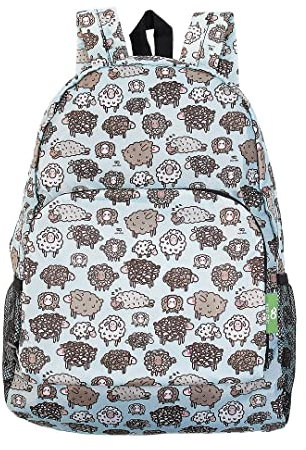 ECO CHIC Lightweight Foldable Water Resistant Backpack Rucksack Folds into Pouch for Storage (Cute Sheep Blue)