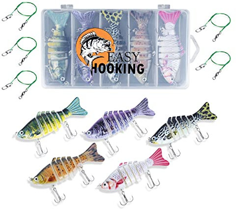EasyHooking Hecht Zander Barsch Wobbler Set 11-TLG Raubfisch-Angel-Set Köder mit Gelenk für realistischen Lauf - 5 Kunst-köder 10cm/15g + 5 Stahlvorfächer + 1 Aufbewahrungsbox