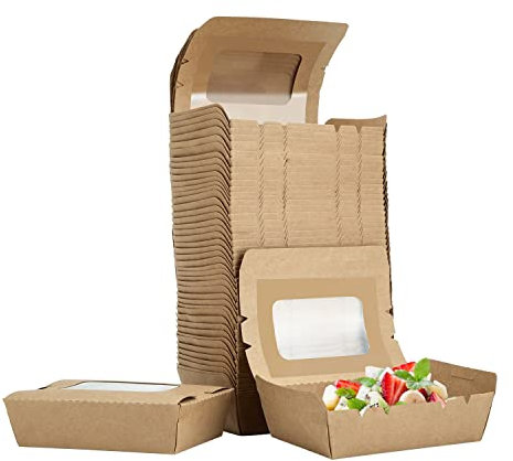 MEOKEY 50pcs Disposable Kraft Paper Box To Go Containers, 500ml Takeaway Box with Window,Food Containers with Folding Lid, Oil and Water Proof for Lunch Sandwich, Cheesecake, Burger