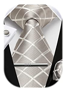 HISDERN Herren Hochzeit Champagner Krawatten und Einstecktuch Krawatte Plaid Manschettenknöpfe-Krawattenklammer-Set