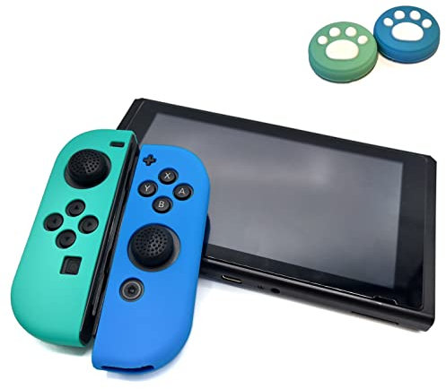 Gadgetpoint | Cases Manettes Silicone + Poignées | 3.41 | Bleu Clair/Cobalt Vert + Pieds | Coque Peau | Compatible avec Nintendo Switch & LITE | Étui à couverture souple | Grip