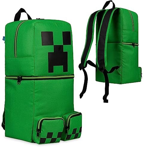 Minecraft Rucksack Kinder Jungen Kinderrucksack Creeper Freizeitrucksack mit Reißverschluss-Fächern für Schulrucksack Schule Sport Alltag (Grün 3D, 50x21x18.5cm)