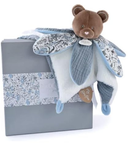 DOUDOU ET COMPAGNIE - Doudou Ours Bleu avec Pétales - Collection BOH'AIME - Boite Cadeau - 27 Cm - Idée Cadeau de Naissance Fille et Garçon - Garantie Doudou Perdu - DC4023