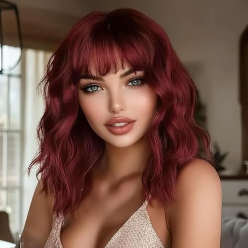 PORSMEER Perücke Damen Bob Schulter Länge Lockig Welle Wig mit Pony Natürliches Synthetische Haar Dark Red Wig, Anime Cosplay Halloween Wigs 14 Zoll (Weinrot)