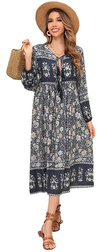 R.Vivimos Women's Casual Bohemian Print Neck Tie Long Sleeve Beach Style Long Midi Dress Vacation Dress(XXLarge,SmokeBlack)