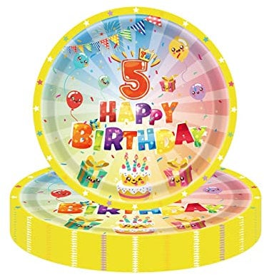 16Pcs 5th Birthday Paper Plates 7, Colorful Tableware Party Plate Disposable, Happy Birthday Table Decorations for Girls, Boys, Kids Party Decoration