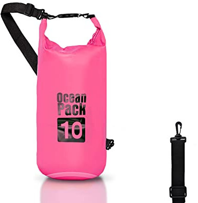 Dry Bag, Borsa Sacca Zaino Impermeabile Waterproof, chiusura a rotolo e tracolla, custodia impermeabile per cellulare e marsupio per Mare Barca Pesca Rafting Spiaggia Sport Acquatici (Pink, 10l)