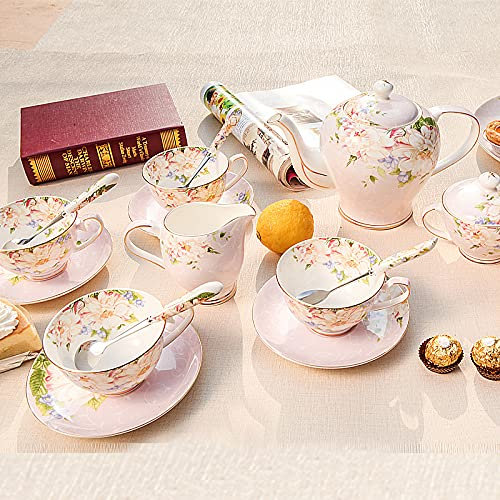 Tee-Set Geschirr - Tee-Set für Frauen Erwachsene 15 Stück - Teetasse und Teller für 6 mit Sauerrahm und Zuckerdose - Vintage englische Tee-Set mit Teekanne, rosa (rosa) (rosa) Dekoration