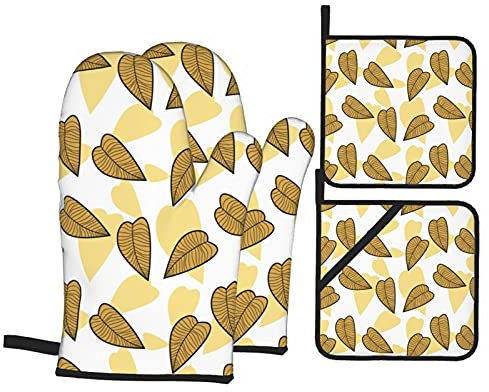 Gants de Four et maniques Ensembles 4 pièces, Texture Marron Clair de Dessin animé Laisse des Feuilles avec des Ombres Gants de Four antidérapants résistants à la Chaleur