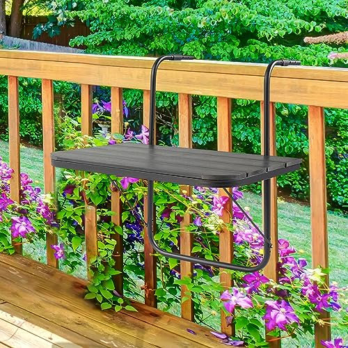 Balcony Railing Table Hanging Folding Deck Railing Table Outdoor Balcony Bar Tables for Railings Hanging Patio Adjustable Aluminium 23.6(L) x 15.7(W) All Weather Black
