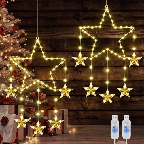 Therlan LED Luces Estrellas de Navidad Ventana, 2Piezas 62 LED Luces Estrellas Navidad 8 Modos de Iluminación con USB Cortina Luces Navidad Estrellas Luces de Navidad Decoración 2024 Blanco Cálido