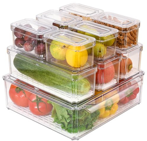 Cozihom Stapelbare Kühlschrank-Organizer-Behälter mit Deckel, Kühlschrank-Aufbewahrungsbehälter, Vorratsbehälter aus Kunststoff für Obst, Gemüse, Lebensmittel, Dosen, mit Abtropfschale, 10er-Set