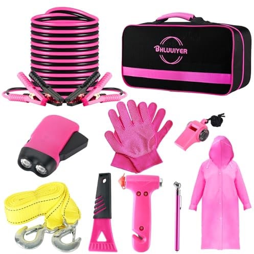 BHLUUIYER Car Emergency Kit, Pink Roadside Emergency Car Kit with Jumper Cables, Tow Rope, Safety Hammer, Pink Car Accessories for Women