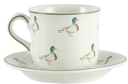 London Pottery Tasse und Untertasse mit Bauernhaus-Tiermuster, Weiß mit Tier-Illustration (Ente, 220 ml)