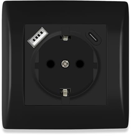 BSEED Schuko Steckdose mit USB/TYPE C Port, USB Steckdose Unterputz mit Steckklemme, PC Rahmen Einbausteckdose mit USB C Unterputz, Schutzkontakt Wandsteckdose Schwarz 16Amp für Handy, Pad usw.- 80mm
