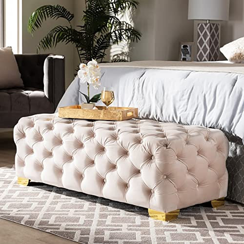 GArcan Knopfgetuftete, gepolsterte Eingangsbank, luxuriöse Nachttischbank mit Akzent, osmanischer Fußhocker für Wohnzimmer, rechteckiges Ende der Bettbank, Samtstoff, Beige, 60 x 50 x 40 cm (24 x 2