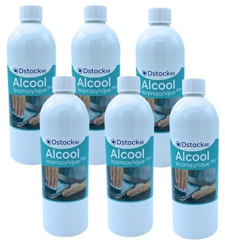 DSTOCK60 – Bouteilles de 1 litre d'Alcool Isopropylique 99,9% extra pur (lot de 6 bouteilles), Isopropanol liquide IPA parfait comme solvant, nettoyant et dégraissant.