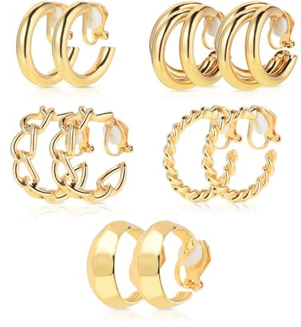 TIESOME 5 Paires de Boucles d'Oreilles à Clip en Or, Non Percées, Plaquées Or, Chunky