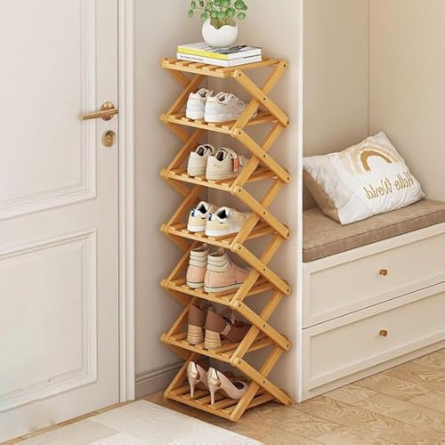 Petite étagère à chaussures pliable en bambou, organiseur en bois étroit et haut, pour couloir, entrée, 8 couches de couleur primaire