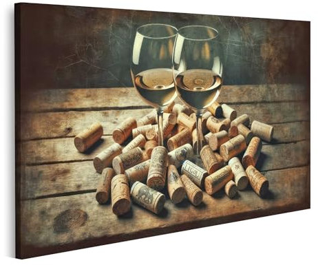 islandburner Tableau sur toile avec bouchons de vin et verres à vin croisés sur table en bois