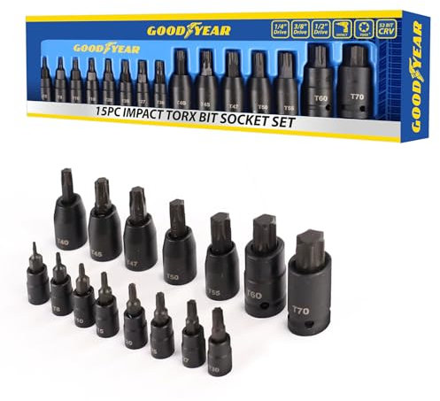 Goodyear 15pc Impact Torx Bit Socket Set 1/4 3/8 1/2 T6-T70 TRX-Star