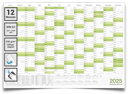 Kalenderoutlet DIN A1 abwischbarer Wandkalender 2025 gerollt 84,0x59,0 cm groß. Kalender Wandplaner ist feucht korrigierbar, Jahresplaner in deutscher Sprache