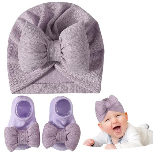 Kunyeah Ensemble de Chaussettes tricotées pour Nouveau-né et bébé Fille Bonnet pour bébé Bonnet d'hôpital Toddler Bonnet Doux et Chaud pour 0-12 Mois (FR/ES, Alpha/Lettres, Taille Unique, Violet)