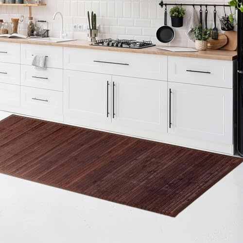 CosìCasa Bambus-Teppich für die Küche aus nachhaltigem Holz, rutschfest, waschbar mit elegantem Rand, perfekt als Badteppich oder Küchenläufer [50 x 200 cm, Dunkelbraun]