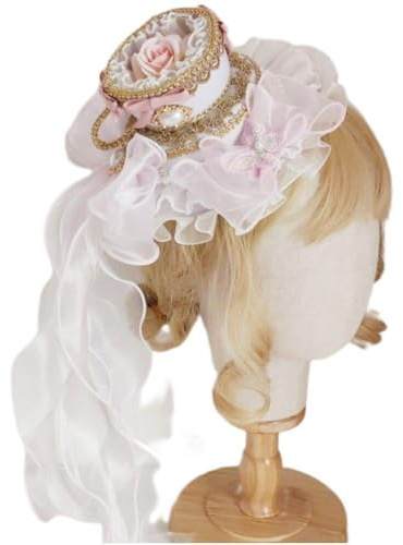 Glixoft Tea Party Bonnet Teacup Hat Round Ruffled Lace Hat with Bow Pearl Pendant Vintage Yarn Royal Anime Cosplay Cap