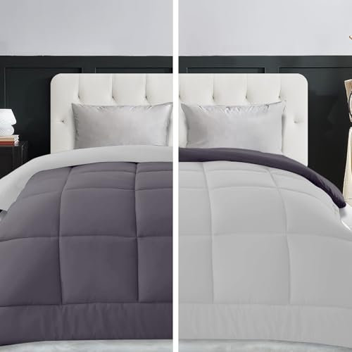 Trapunta Invernale Matrimoniale 260x260, Piumone Caldo Letto Autunno Inverno Tinta Unita Double-Face Imbottita Morbida Microfibra Modello Giuditta Quattro Stagioni Bicolore Grigio Chiaro&Grigio