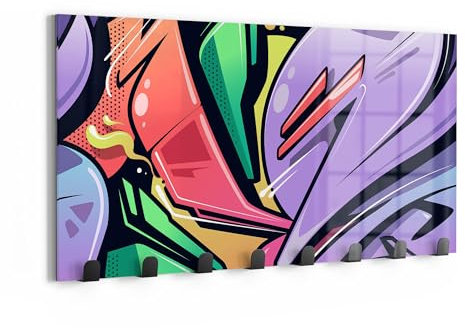 DEQORI Wandgarderobe Glas & Metall | Motiv Urbane Farbexplosion | 60x30 cm | Design Haken-Leiste modern | Garderoben-Paneel für Flur, Wohnzimmer & Schlafzimmer | magnetisch & beschreibbar