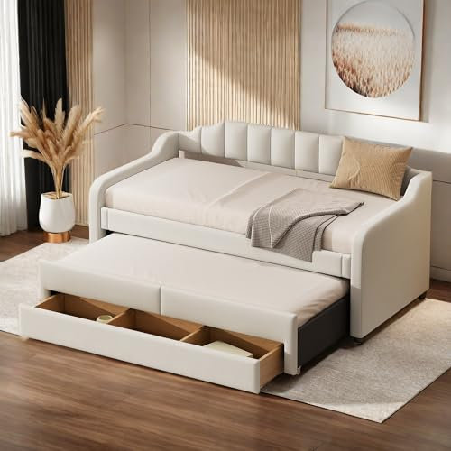 Cayipng Sofá cama de 90 x 200 cm, sofá cama de matrimonio transformable, canapé convertible, cama individual acolchada con contenedor deslizante, beige (sin colchón)