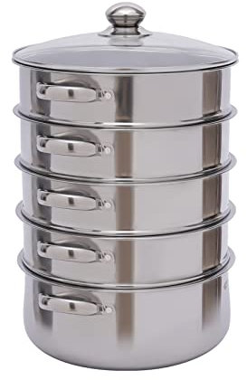 5-Etagen Lagiger Dampfgarer,Dampfkochtopf Dampfkocher Edelstahl,Schnell leitender für Alle Herdarten Steamery Hohes Volumen Dampfentsafter,Thermoskanne Dämpfkorb (28cm)
