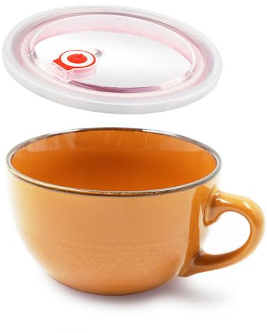 Dowbom Suppenschüssel mit Deckel, 700 ml Porzellan-Ramenschüssel, Instant-Nudel, mikrowellengeeignet, große Suppentasse (gelb)