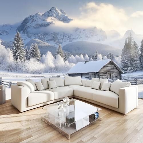 Scène De Neige Papier Peint Maison en bois sous les montagnes enneigées Panoramique Décoration Intissé Murale Poster Tableaux Muraux Tapisserie Photo Bureau Art Décor 350x256 cm
