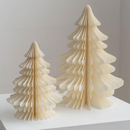 CQSVUJ Sapin de Noël Plié en Nid d'Abeille, 2 Pièces de Décoration d'Arbre en Papier, Centre de Table 3D, Arbres Pliables (Blanc)