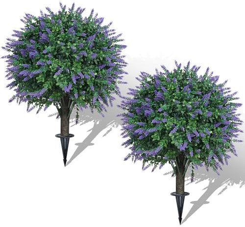 AOKIIE Set of 2 Artificial Lavender Boxwood Topiary Ball Bush for Outdoor with Ground Spike 22, UV Resistant Faux Greenery Shrubs, Fake Boxwood Plants for Indoor, Garden, Yard, Porch, Patio Decor
