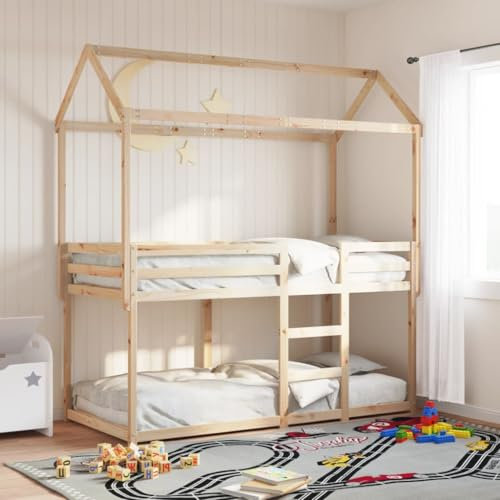 Willood Etagenbett, Hochbett mit Dach Leitplanken, Stockbett für Schlafzimmer, Bett Holzbett ohne Matratze 90x190 cm Massivholz Kiefer