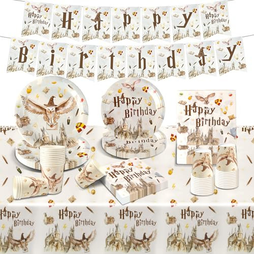 Luclay Tableware Set - Wizard Themed Birthday Party Plates, Cups, Napkins, Tablecloth & Happy Birthday Banner - Kids Party Tableware Decorations for Kids Baby Shower Party Deco