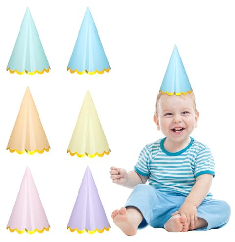 GlamRays 12 Pezzi Cappelli di Compleanno Pastello Colorati Conici Cappelli di Compleanno Arcobaleno Conici Cappelli di Carta con Cordino Elastico per Compleanno Baby Shower Forniture per