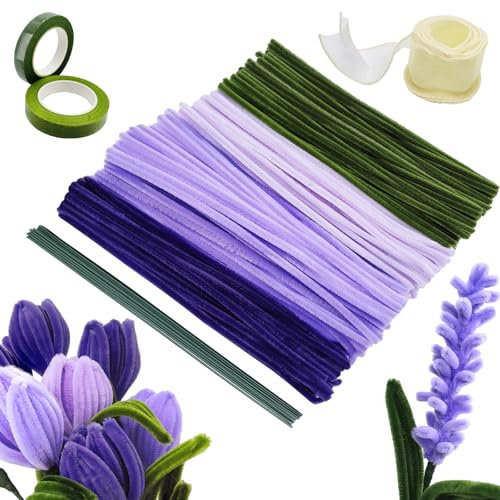 YUNYAKARSA 300 Stück Pfeifenreiniger Blumen Set, Pfeifenputzer zum Basteln, 4 Farben Pipe Cleaner, Pfeifenreiniger zum Basteln mit 20 Grün Basteldraht, Geschenkband, Floristenband, Violett