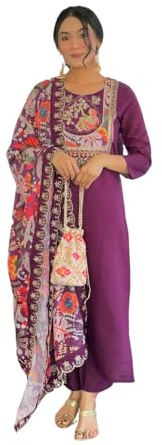 The Red Lion Enterprise Women's Designer Straight Kurti pant dupatta 3pc dress partywear Salwar Suit, Lavender, XL