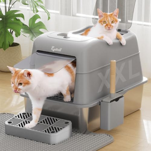 Rywell Stainless Steel Cat Litter Tray with Lid, Covered Extra Large Cat Litter Box, Metal Litter Boxes with Lid, Litter Scoop, Filter Pedal&Litter Mat, Anti-Leakage, Non-Stick, Easy to Clean