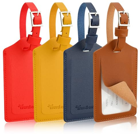 AiQInu 4 Stück Kofferanhänger, PU Leder Gepäckanhänger für Koffer mit Namenschild, Koffer Anhänger mit Verstellbarer Schnalle, Adressanhänger Koffer für Geschäftsreise, Flugreisen