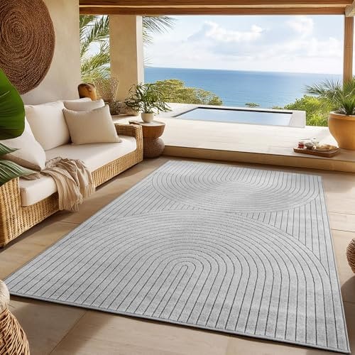 SIMPEX Outdoor Teppich Wetterfest, Wohnzimmer, Schlafzimmer, Wintergarten, Kurzflor Grau, Hoch-Tief-Effekt, weich & waschbar, Outdoor geeignet, pflegeleicht, 240x340 cm
