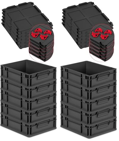 PROREGAL SparSet 10x Eurobox NextGen Grip mit Auflagedeckel & 4 roten Schiebeschnappverschlüssen, HxBxT 12x30x40cm, 11L, Schwarz, Griffe zu, Eurobehälter, Transportbox, Transportbehälter