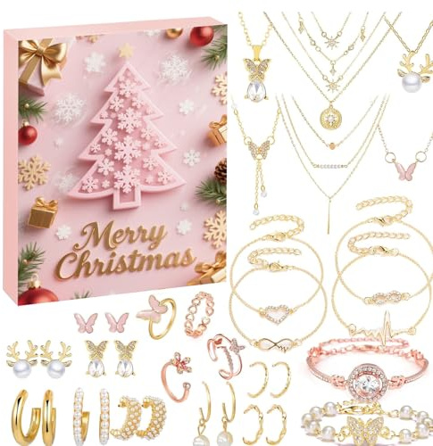 Schmuck Adventskalender 2025 Mädchen, 24 Tage Countdown Kalender mit DIY Schmuck, Weihnachten Adventskalender mit Charm Ring Armband Halskette, Geburtstag Xmas Geschenke für Mädchen Frauen Kinder (A)