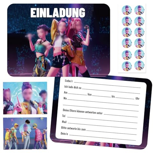 Whizmara 12 x Dem-0n Hun-ters Einladungskarten Kinder mit Umschläge & Verschluss-Sticker, Hun-trix Vorgedruckte Geburtstagseinladungen für Mädchen Jungen & Anime-Fans, Geburtstag Partyzubehör Deutsch