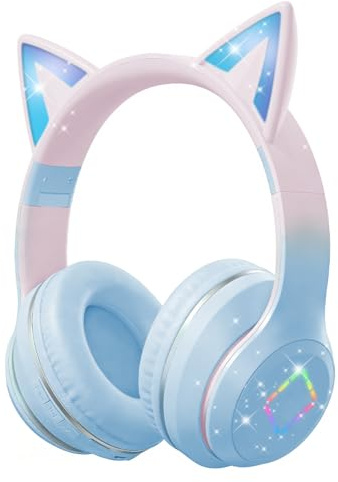 Caijin Kids Bluetooth Headphones, Cat-Ear LED Lights, Bluetooth 5.3 Stereo, Adjustable Headband, 85dB Volume Limit, Foldable, TF Card/Wired/Bluetooth Modes, Compatible with PC, Phone, iPad