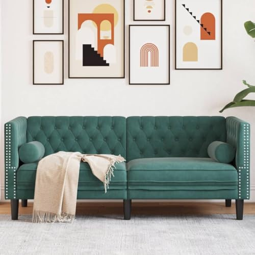Bucmath Chesterfield-Sofa 2-Sitzer, Dunkelgrün Samt, mit Nackenrollen, Wohnzimmer Möbel, gemütliche Couch für Zuhause, 174 cm breit